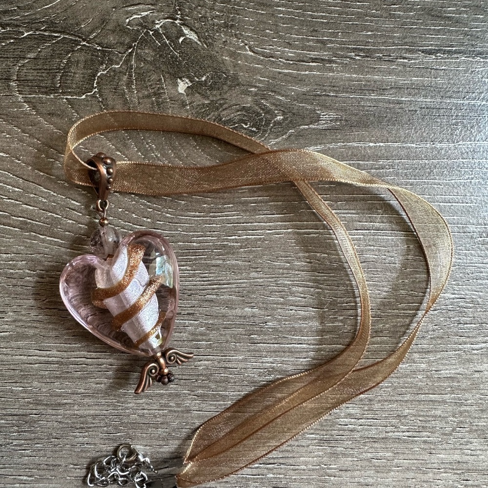 Heart-Shaped handmade lampwork Glass Pendant Necklace with Gold Ribbon